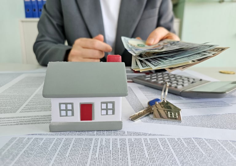 Home buying process with cash and calculations at a real estate office